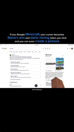 Tech in 24 hours on Instagram: "If you Google Minecraft, your cursor becomes Steve's arm and starts mining when you click,and you can even create a pickaxe #tech #techenthusiast #technology #technews #techgeek #techblogger #technologynews"