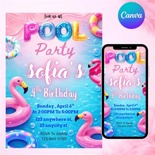 Girls Pool Party Birthday Invitation, Teen Summer Pool Party Invite, Editable Canva Template, DIY Text, Instant Download - Etsy