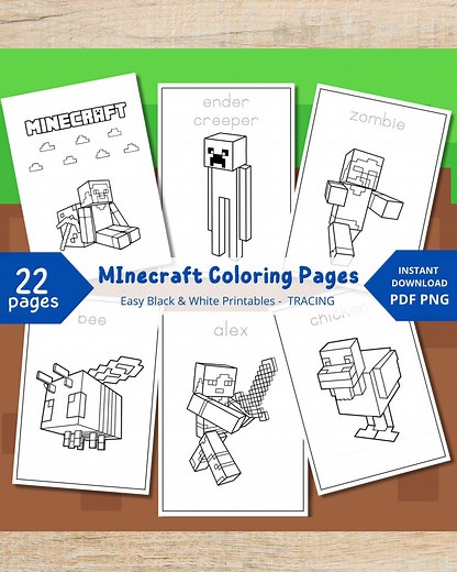 22 Printable Minecraft Pages – Steve, Creeper, Character Tracing | Toddler Coloring Pages | PNG + PDF - Etsy