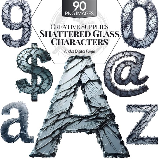 Shattered Glass Alphabet - Uppercase and Lowercase Letters, Numbers and Symbols - Digital Clipart, Digital Art for Creative Projects