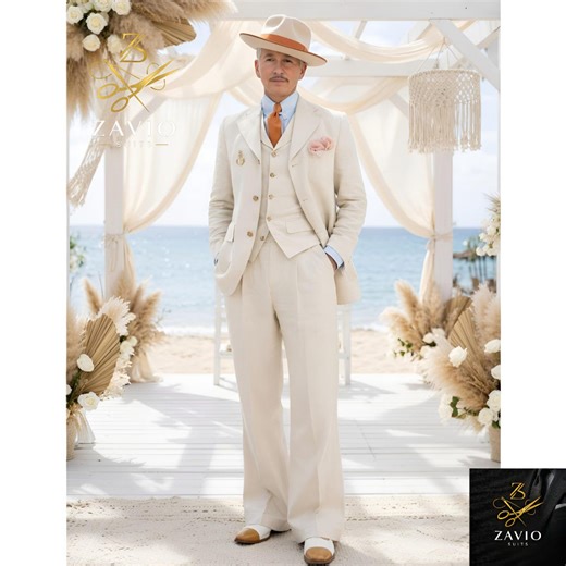 Cream Linen Suit 3 Piece Beach Wedding Wide Leg Tuxedo Creme Leinenanzug Costume Lin Crème Rétro 70s Prom Boho Groom - Etsy