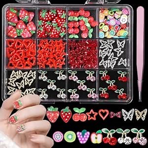 Fruit Cherry Butterfly Nail Charms Gems, Gold Silver Cherries Butterflies Alloy Nail Rhinestones Charms, Strawberry Heart Star Acrylic Nails Art Charms for Nails Supplies Design