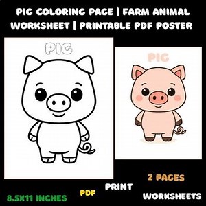 Pig Coloring Page | Farm Animal Worksheet | Printable PDF Poster | Preschool Pig