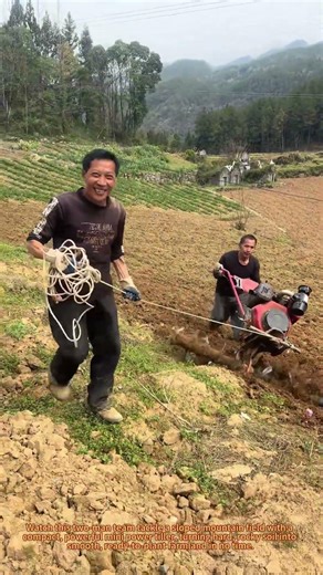 Two-Man Team Plows Steep Hillside with Mini Power Tiller!
