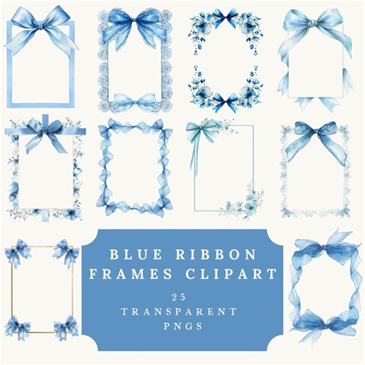 Blue Ribbon Frame Clipart PNG Bundle, Coquette Bow Border Set, Watercolour Blue Design, Wedding Baby Shower Graphics - Etsy
