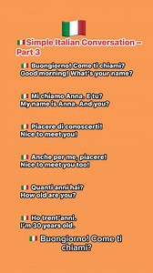 🇮🇹🗣️ Simple Italian Conversation – Part 3. Greetings, Introductions & Polite Replies Start a conversation in Italian 🇮🇹🗣️Learn how to greet, introduce yourself, and reply politely in basic Italian — with on-screen English translation. No voiceover, just clean visual learning.💬 You’ll learn:✔️ Everyday social questions✔️ Simple answers in Italian✔️ Friendly expressions for meeting new people. #LearnItalian #ItalianConversation #ItalianGreetings #ItalianForBeginners #ItalianWithTranslation 