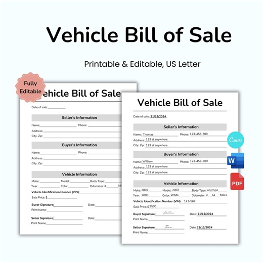 Vehicle Bill of Sale Template, Motor Vehicle Bill of Sale, Boat Bill of Sale, Car Bill of Sale, RV Bill of Sale, Vehicle Sale Contract, PDF - Etsy Canada