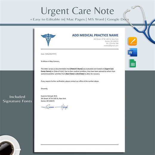 Urgent Care Doctor Excuse Template, Doctor Excuse for Work, Doctor Excuse Letter, Doctor Note for Work, Doctor Notes, Doctor Excuse Editable - Etsy