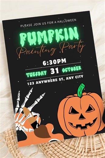 Printable Halloween Pumpkin Painting Party Invitation Template, for your next girls night in or kids Halloween paint party! Spooky pumpkin painting invite for your Halloween paint night. The perfect way to celebrate your next adult or kids Halloween party! This childrens Halloween party printable bright pink and green pumpkin decorating Halloween digital invitation template set comes in a 5x7'' printable version & a FREE animated digital mobile invitation too. ***The mobile invite is ANIMATED! T