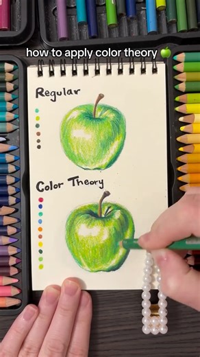 Creating the Chaos on Instagram: "Explaining how to use color theory! I use color theory a ton BUT wanted to break it down in case you weren’t sure what it is. Color theory basically is about how colors compliment each other and work color together to create shadows and emotions and blending etc etc. for a theory green apple I want dimension with, I start with BLUE and RED not GREEN. Let me know if you want more videos like this!!! . . . #colortheory #arttutorial #apple #fruitart #coloring #crea