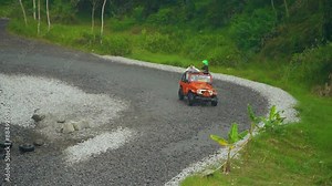 Off-road footage of a tourist Jeep driving across a river at such high speed that water splashes in all directions and wets its passengers. An adrenaline-pumping journey by driving an offroad jeep