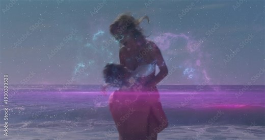 Man lifting woman after embrace for romance carrying her along surf for travel with nebula overlay
