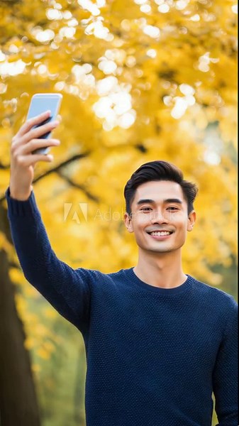 Asian man taking selfie with smartphone in autumn park