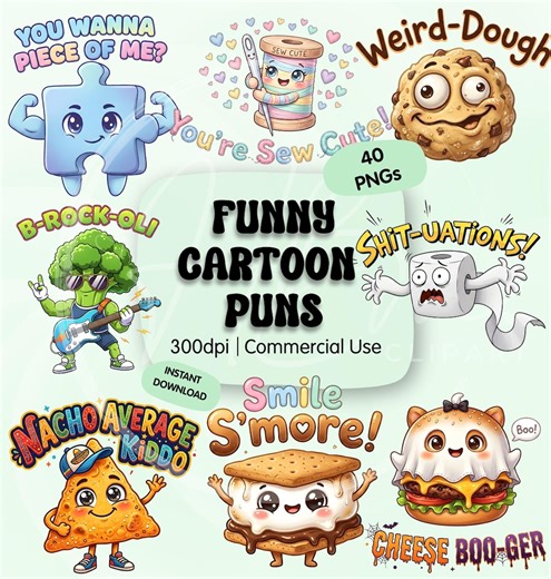 Funny Cartoon Puns PNG Clipart Bundle, Cute Food Humor Stickers, Silly Characters Graphics for Sublimation, Commercial Use - Etsy