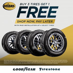 🛞 Buy 3 Tires, Get 1 FREE! 🛞 Get ready for the season with this unbeatable offer—Buy 3 Goodyear or Firestone tires and get 1 FREE with paid installation of all 4 select tires! Plus, take advantage of our Shop Now, Pay Later option to make it even easier. 🚗💨 Don’t miss out on this incredible deal! Offer valid for a limited time. Message us today to book your appointment! 📲 #TireDeals #Goodyear #Firestone #CarCare #DriveSafe #ShopNowPayLater | Midas Tire & Auto