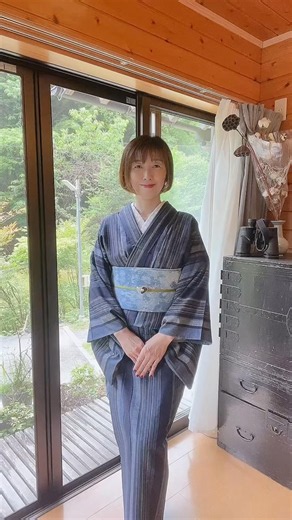 【着付け】藍染の縞の紬と藍染の半幅帯#着物 #着物生活 #琥珀きもの #藍染