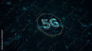 Motion graphic blue digital 5G logo with data transfer concept and connection technology with futuristic technology circle HUD with circuit board and data transfer on abstract background perspective