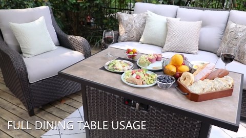 Nuu Garden Outdoor 43 Inch 50,000 BTU Propane Gas Fire Pit Table, Ceramic Tabletop Outdoor Fire Pit Table with Lid,Glass Fire Pit Wind Guard,Cover and Glass Beads, Dark Brown