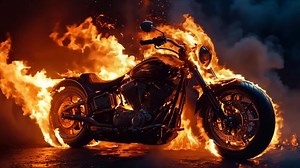 A motorcycle is engulfed by flames on a dark background