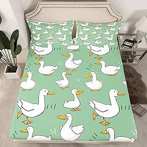 Cartoon Duck Fitted Sheet Twin Size,Cute Farmhouse Livestock Animal Soft and Luxury Sheet Set,Lovely Green Natural Themed Bedding All Round Elastic Pocket,for Kids Boys Room
