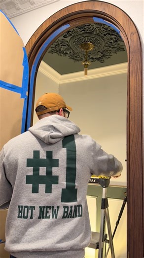 Crow Creation on Instagram: "One step closer on this bathroom renovation. In this video I’m installing arched walnut trim and crown molding. The word of the day is Chatoyance. #diy #woodworking #renovation #interiordesign #tools"