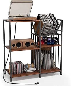Record Player Stand with Adjustable LED Light and Charging Station, 3-Tier End Table Storage Up to 240 Albums, Audio-Visual Shelves with Vinyl Record Holder, Turntable Stand for Speaker, Audio