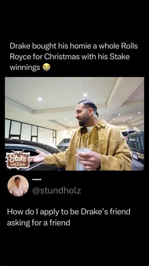 Mr Moist on Instagram: "W friend 😭🔥 Drake has a long-standing partnership with the online gambling platform Stake, frequently appearing in sponsored streams and promotional content where large bets and wins are showcased. Clips like this circulated widely around the holidays, with claims that he used winnings from those sessions to buy a Rolls-Royce as a gift for a close friend, adding to the spectacle around his high-profile gambling persona. What’s verifiable is that Drake is paid through sp
