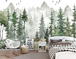 MFWFM Green Forest Wall Mural Watercolor Woodland Wallpaper for Nursery Room (Not Peel n' Stick)