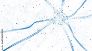 3d animated neuron cell with computer binary numbers copy space animation background. Isolated on white.