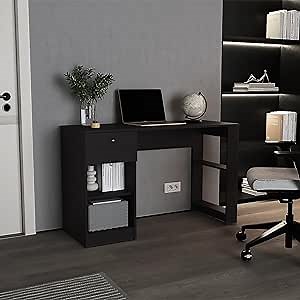 Modern Desk with Four Shelves and One Drawer for Home Office Setup Writing in Black Finish