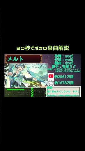 【30秒ボカロ楽曲解説】42曲目「メルト」#vocaloid #ボカロ #ボーカロイド #初音ミク #メルト #ryo #プロセカ