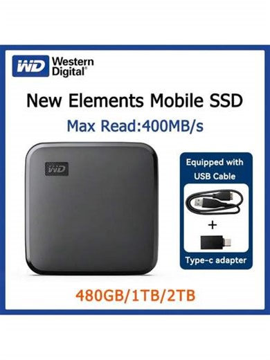 Western Digital WD NEW Elements SE 480°B 1TB 2TB SSD draagbare solid-state drive met een leessnelheid van 400MB/s en een USB 3.2-interface. Inclusief USB-datakabel en Type-C-adapter. Kerstcadeau / Nieuwjaar 2026 / Feestdagen / Kersteditie | SHEIN