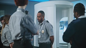 Airport Security Personnel Meeting at Checkpoint | Premium Stock Video Footage