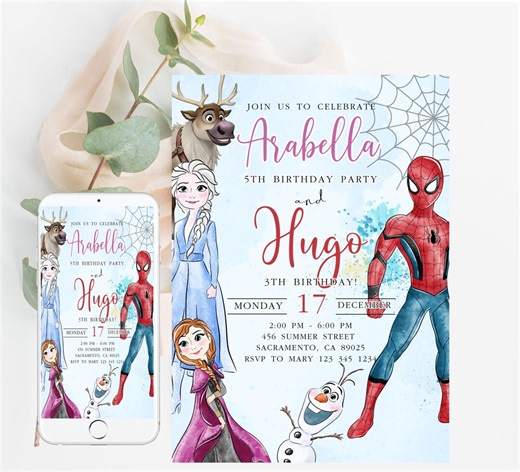 Frozen and Spiderman Double Birthday Invitation Princess Elsa Anna Spider Man Party Invitation Boy and Girl Frozen Birthday Invite - Etsy