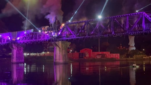 108K views · 1.7K reactions | A steam locomotive crossing the Bridge over the River Kwai during the annual light and sound show. This year the festival takes place from 27 November to 7 December 2025. #Thailand | Thai Train Guide | Facebook