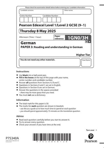 2025 Pearson Edexcel Gcse German Paper 3 and Mark Scheme Combined 1gn0 3h