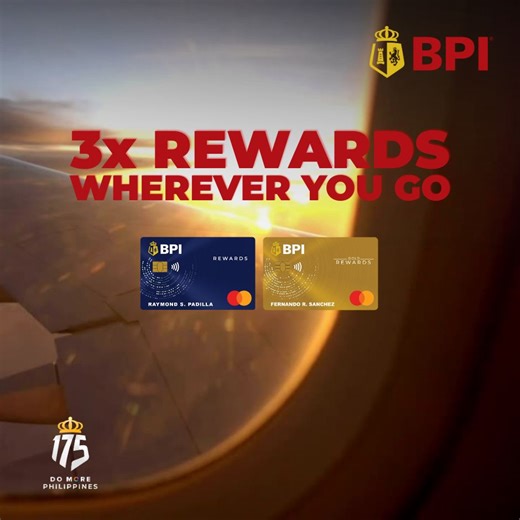 Jet set and collect points every step of the way! 🛫 ​ Get 3x BPI Rewards Points when you use your BPI Rewards Card or BPI Gold Rewards Card for your flights, hotel stays and on-the-go expenses. No registration needed! Just use your card at airlines, hotels, and travel agencies from February 6 to April 30, 2026. ​ Learn more at www.bpi.com.ph/creditcards ​ ​#BPI #DoMorewithBPI ​ ​Per DTI Fair Trade Permit No. FTEB-248749 Series of 2026 ​ ​Regulated by the Bangko Sentral ng Pilipinas. https://www