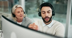 Call center, training and mentor with employee at desk, mature woman and coaching worker. CRM, teaching and consultant learning to work in technical support, telemarketing and customer service