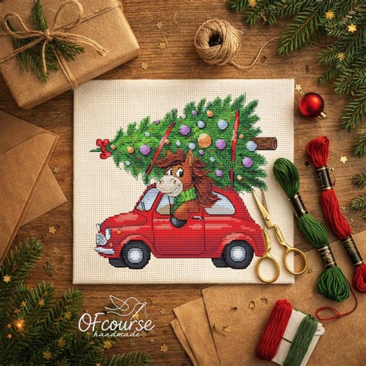 Christmas Horse Car Cross Stitch Pattern – Funny Holiday Tree Ride, Cute Winter Embroidery Design