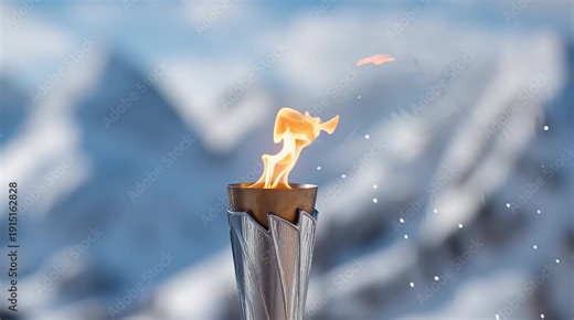 Ceremonial torch with flame against snowy alpine mountains, Winter Games 2026 in Italy sports unity and achievement concept.