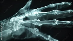 X ray image of a human hand highlighting the skeletal structure, revealing bones, joints, and cartilaginous tissues, providing insights into anatomy and potential medical conditions