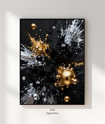 Abstract Black and Gold Wall Art, Luxury Contemporary Abstract Digital Art, 3D Metallic Modern Wall Decor - Etsy