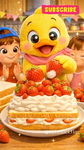 Cute duckling bakes giant strawberry cake with kids