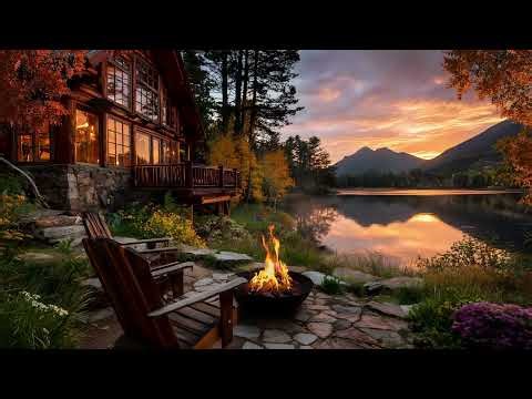 Fall Cabin Ambience 🍂 Cozy Campfire & Peaceful Nature Sounds | Autumn Lake Relaxation