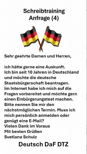 Schreibtraining zum Thema Anfrage (Bitte um eine Information)