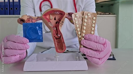 Demonstration of contraception methods using an anatomical model of the uterus. Condoms, birth control pills, and safe sex