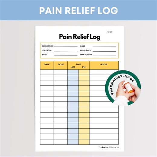 Pain Relief Log Printable Medication Tracker Log Pain Management Tracker Medicine Log for Home Hospital or Caregiver Use Medicine Record