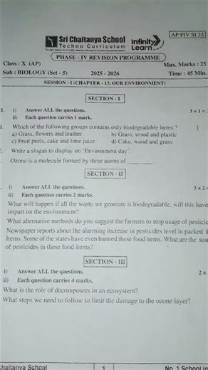 SRI CHAITANYA SCHOOL BIOLOGY PHASE 4 SESSION 1 SET 5 QUESTION PAPER