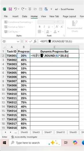 Create a dynamic progress bar in Excel using the REPT function #excel #excelshorts #exceltraining