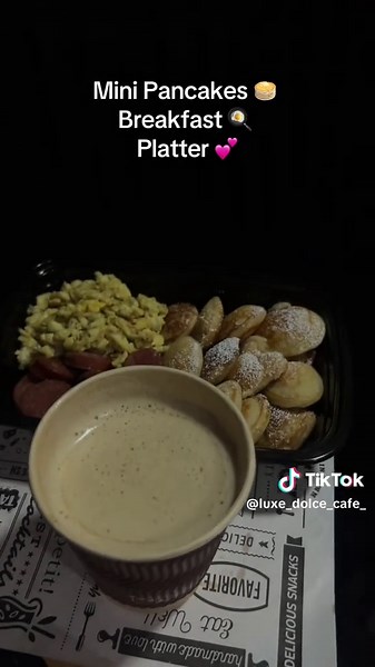 Grab our Mini pancakes breakfast Platter 🥞🍳$1000 and a hot Dolce cinnamon Coffee added to the side $250 🤭😋💕 #fyppppppppppppppppppppppp #foryoupage #FoodLover #viraltiktok